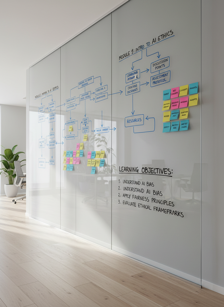 A sleek, large glass whiteboard wall filled with neatly organized flowcharts, color-coded sticky notes, and concise learning objectives written in precise handwriting, representing a strategic instructional design plan. The board stands in a minimalist, modern workspace with pale wood floors and a subtle gray wall. Soft, diffused daylight from an unseen window illuminates the glass surface, creating gentle reflections and crisp legible text while casting faint shadows on the floor. Photographic realism at eye-level, with a slight angle emphasizing depth along the board’s length. The mood is focused, professional, and quietly energetic, conveying clarity and intentional planning. Background elements are softly blurred, keeping the viewer’s attention on the well-structured learning design mapped across the board.