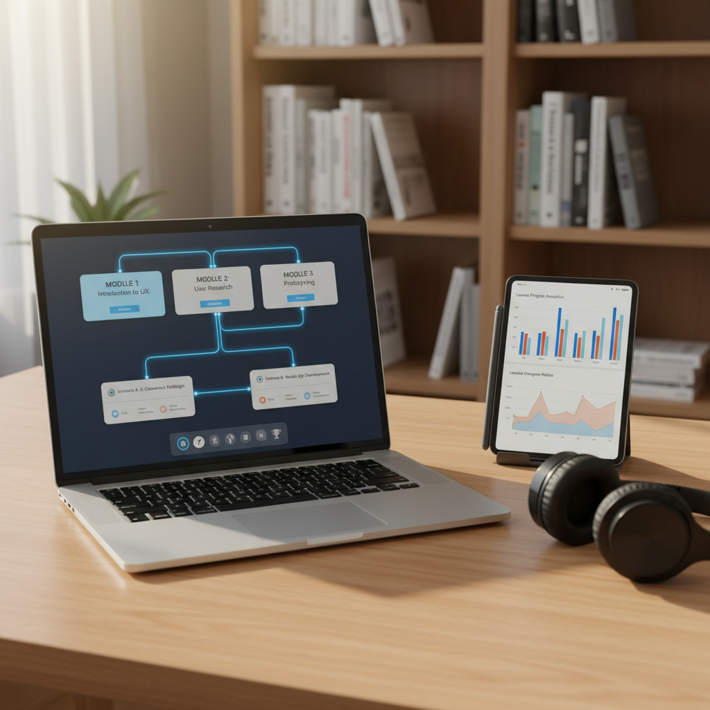 An open laptop with a high-resolution screen displaying a structured online course storyboard: neatly arranged modules, branching scenarios, and assessment icons on a clean interface. The laptop rests on a smooth light-wood desk beside a slim digital tablet displaying performance analytics charts and graphs. A pair of wireless over-ear headphones lies folded nearby. Natural afternoon light filters through off-frame windows, creating soft highlights on the metal laptop body and a warm glow across the desk. Photographic realism, shot from a slightly elevated angle with moderate depth of field, keeping devices sharp while the background of shelves with neatly arranged instructional design books fades into a gentle blur. The atmosphere feels modern, analytical, and purpose-driven, emphasizing thoughtful course design powered by technology.